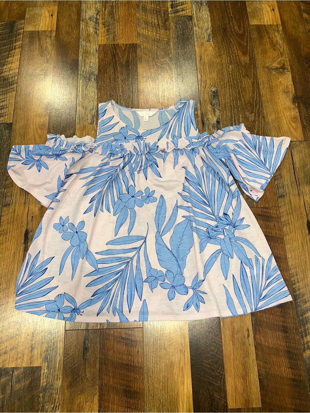 LC Lauren Conrad Pink Cold-Shoulder Blouse with Blue Tropical Print